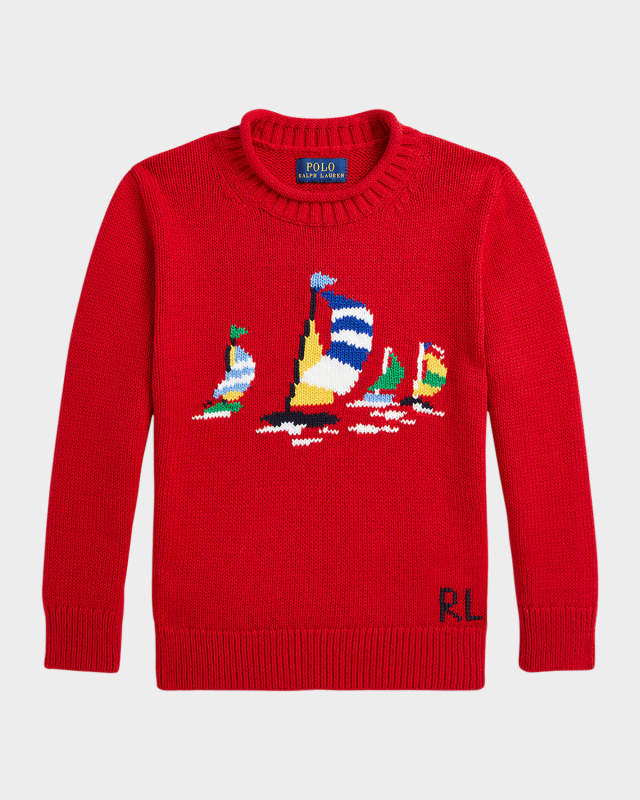 Boy's Sailboat Intarsia-Knit Sweater, Size 2-7